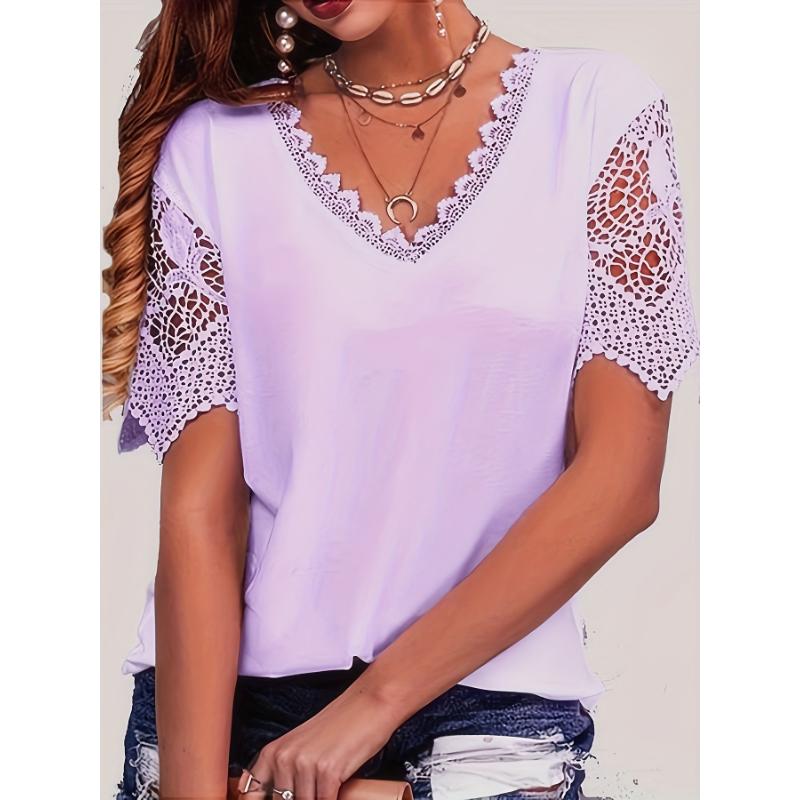 Elegant Plus-Size White V-Neck T-Shirt with Lace Detailing,Short Sleeve,Semi-Sheer Summer Top for Women,Plus Size Blouses Collar Fabric Spandex Casual