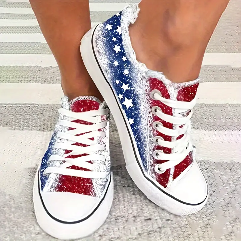 Women's Low Top Athletic Sneakers, Multicolor Flag Print Round Toe Bamboo Fiber Shoes with Laces for Casual Training and Sports, Female, National Flag, Fabric, Closed Toe, Footwear, Casual Bold Look