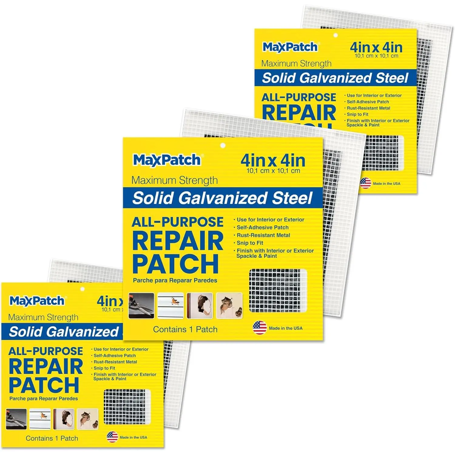 ® 4 in. x 4 in. Self-Adhesive Surface Repair Patch, -Purpose Galvanized Metal for Interior and Exterior Repairs, Ideal for Drywall, Plaster, , Brick, Stucco, and  (3-Pack)