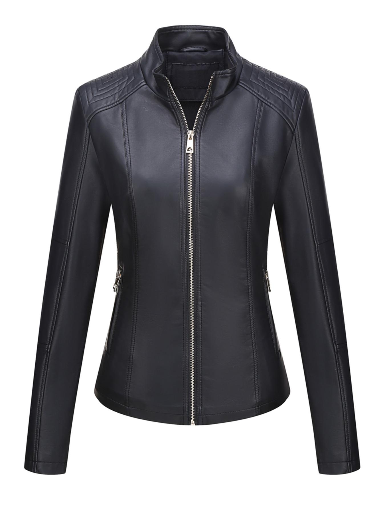 Women's Spring PU Motorcycle Jacket, Fitted Long Sleeve Zipper Pocket Commuter Streetwear, Casual Short Windproof Leather Coat
