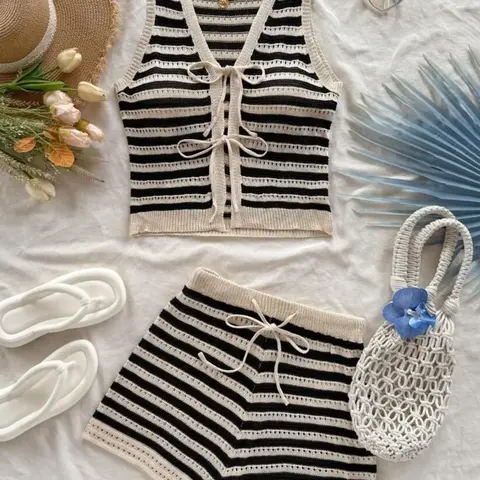 Women's Summer Outfit Striped Colorblock Hollow Out Tie Front Sleeveless Knit Top and Elastic Waist Shorts Knitwear Set, Casual Beach Vacation Holiday Street Daily Wear Fashion Stylish Lightweight Knitted 2 Pcs Set, Women Shorts Set
