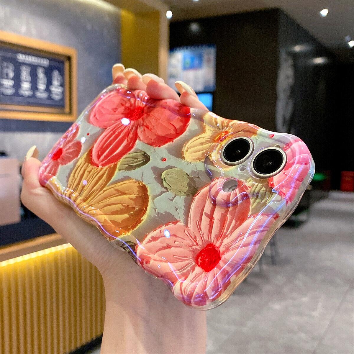 Case for iPhone 16 15 Pro Max 14 13 12 11, Colorful Retro Oil Painting Flower Cute Floral Aesthetic Curly Laser Glossy Reflective Exquisite Stylish Cover Girly Women Wave Frame Edge Exquisite Phone Cover Stylish Durable TPU Protective Case