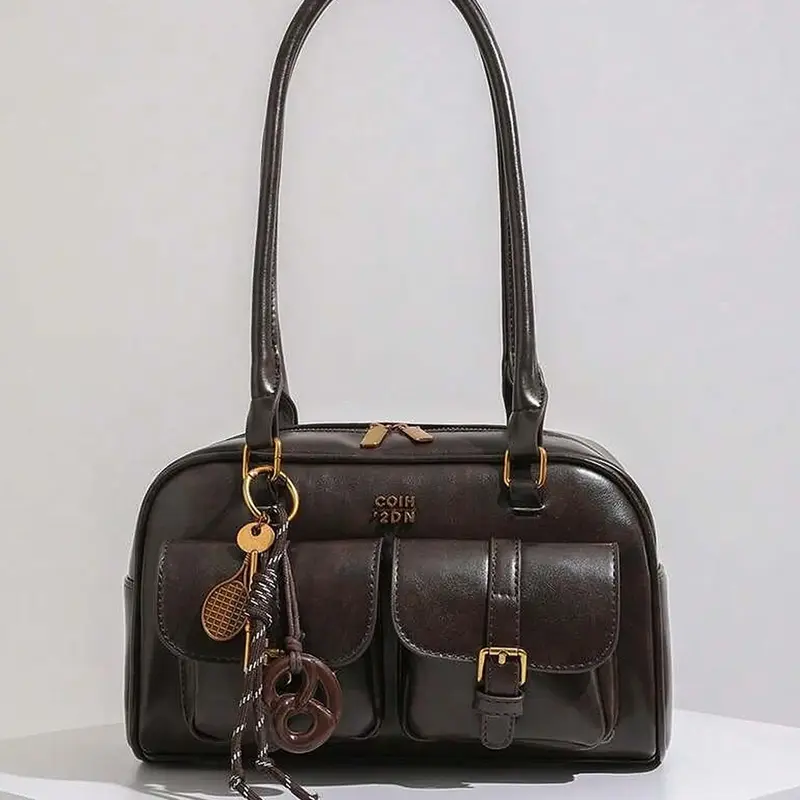 【Black Friday】Retro-Style Double-Pocket Handbag for Fall and Winter, Fashionable Underarm Shoulder Bag with Hanging Charm, Simple Versatile Design for College, Office, and Daily Commuting