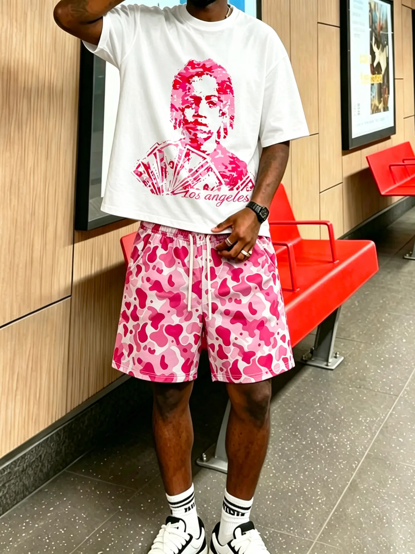 Men's 2-piece set (T-shirt and shorts) featuring a stylish, classic, casual camouflage print; a cool and comfortable summer outfit suitable for various occasions, from lounging at home to heading back to school.