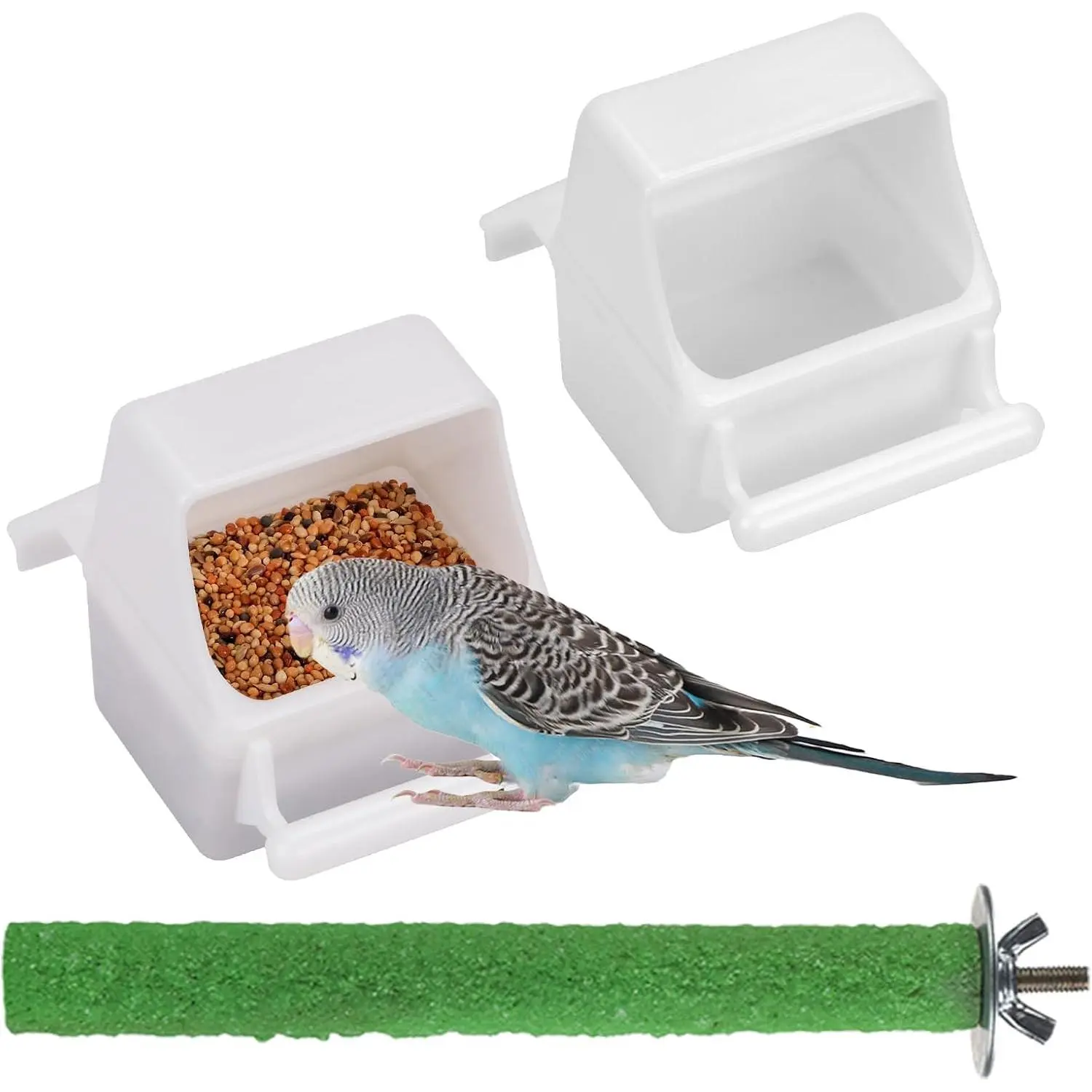 2 Pack Bird Water Bowl Clear Bird  Container Bird Cage Feeder No Mess Bird Feeder for Cage Parakeet Feeder with Perch, white