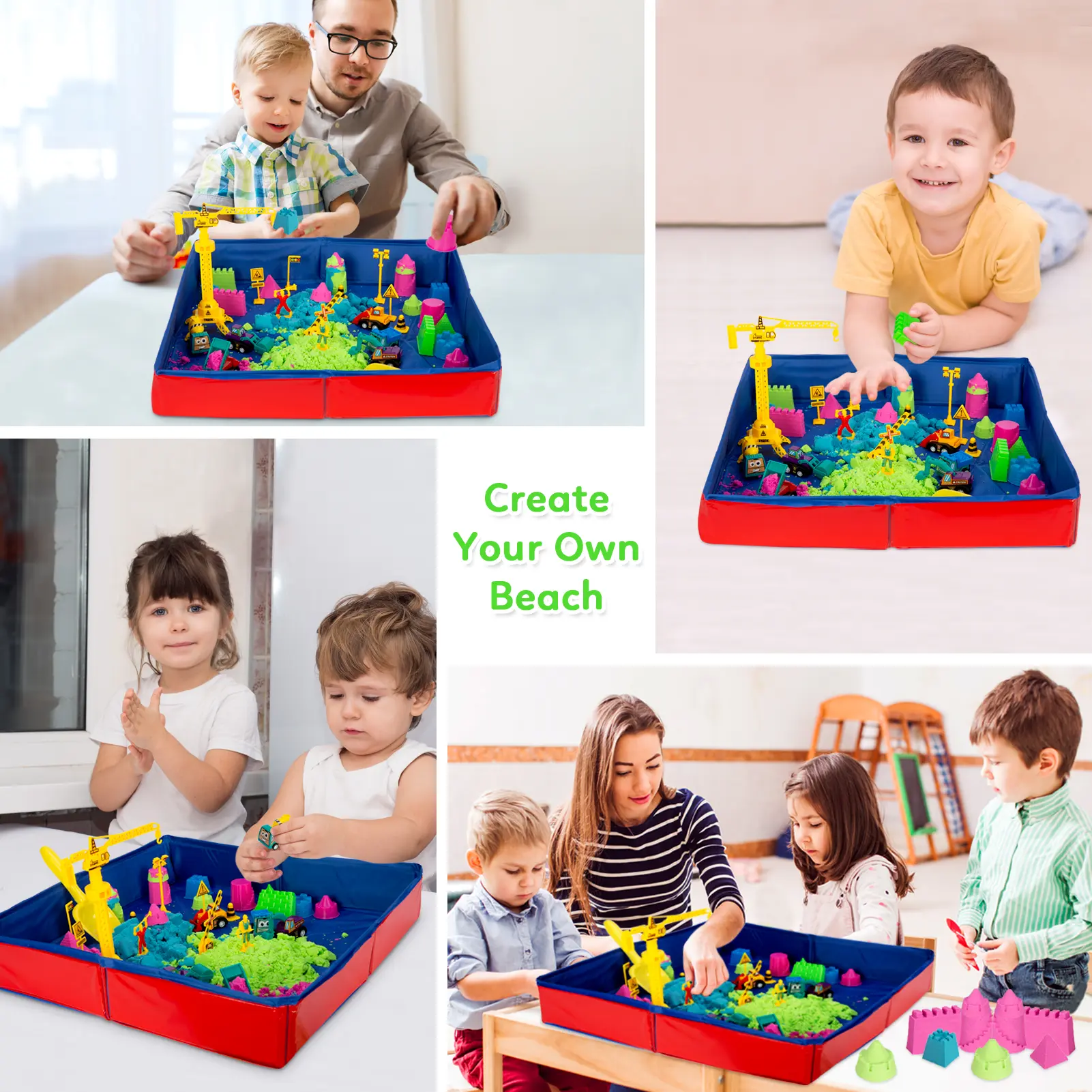 Play Sand Kit – Construction Trucks, Sand Molds, Tools, Collapsible Sandbox & Storage Box – Sensory Sandbox Toys for Boys and Girls Ages 6+