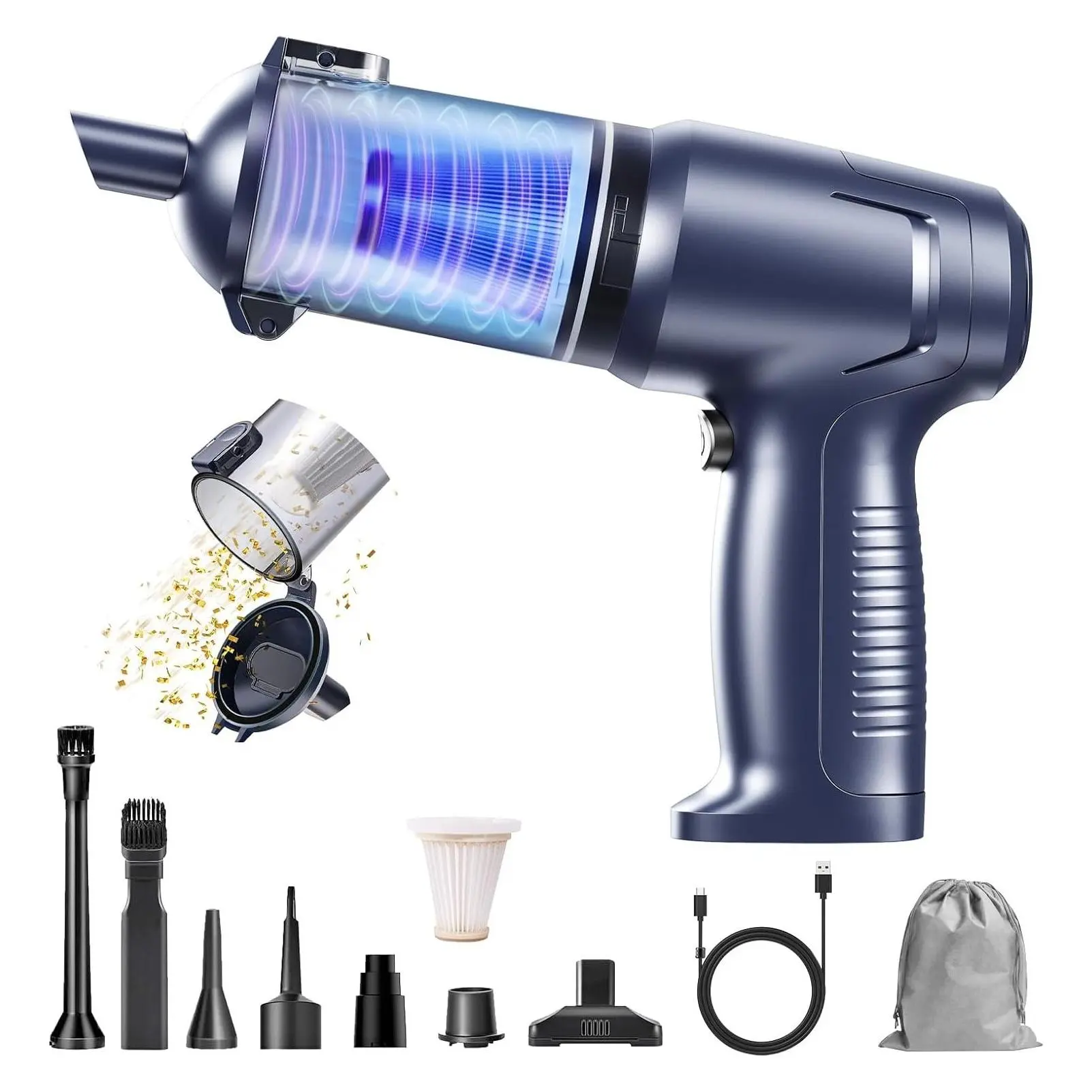 Portable Cordless Car Vacuum Cleaner, 20000PA Handheld Mini Vacuum with Type-C Fast Charging for Car, Home & Outdoor (Navy Blue)Gift