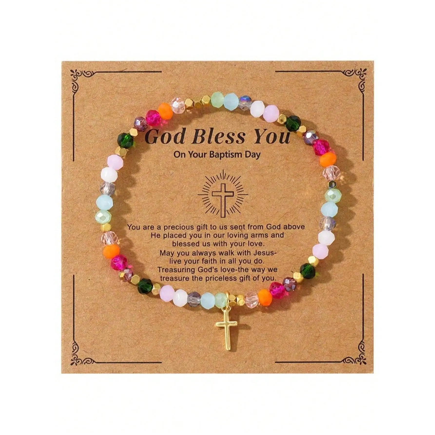 Women's Cross Bracelet Baptism Gift - Colorful Faceted Beads With God Bless You Message Card, Meaningful Christian Jewelry Keepsake For Christening & First Communion