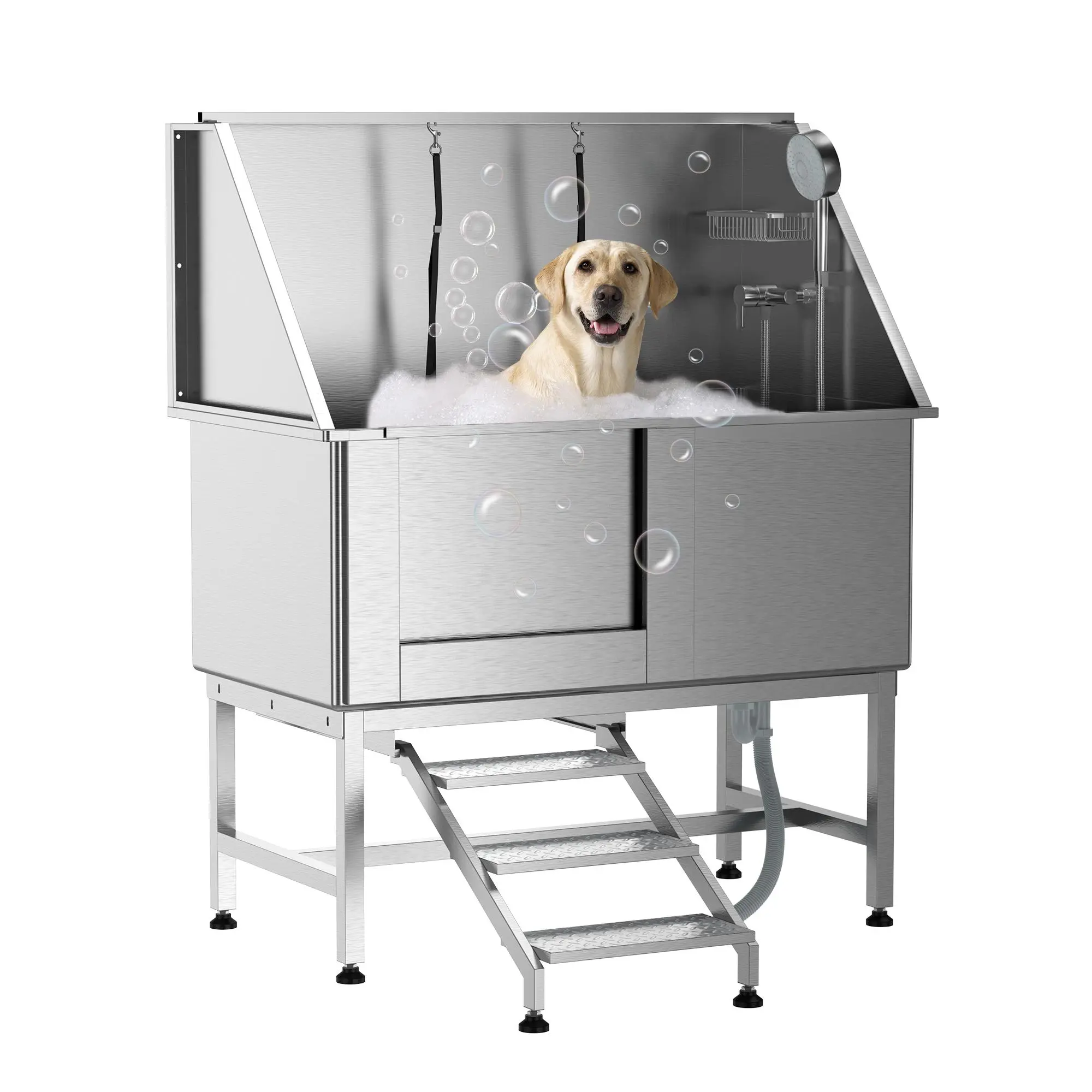 50 Inch Professional Stainless Steel Dog Grooming Bath Tub, Non-Slip Station with Removable Ramp, Faucet, Sprayer, Drain and Right Door Access, for Large, Medium & Small Pets, Ideal for Home or Salon Use