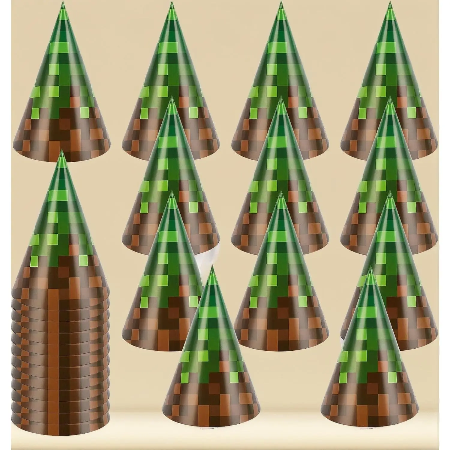 24 Pcs Pixel Theme Birthday Party Hats, Green Pixel Cone Hat Decorations |   Classroom Celebration Party Supplies, Shower Photo Prop & Colorful Paper Party