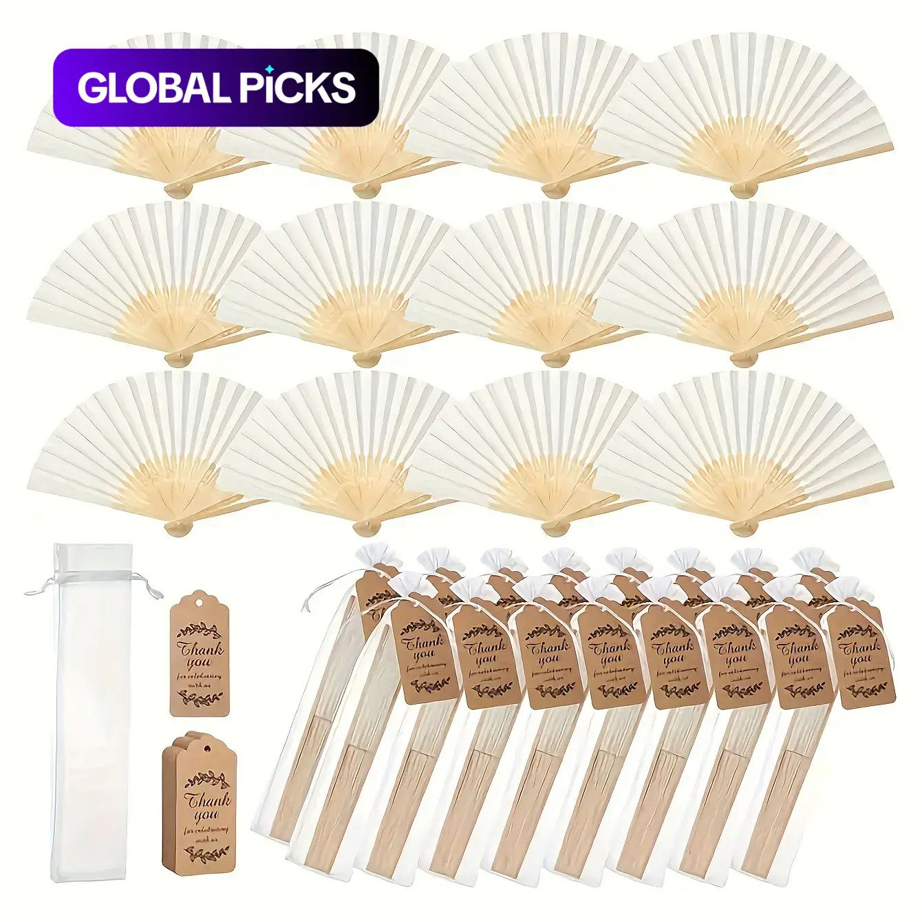 20pcs Paper Hand Fans Bulk, 8.3 Inch Foldable Handheld Fans, Folding Fans, Wedding Party Favors, DIY Crafts, Home Decor, Gifts, Includes Bags and Thanks Cards, Set #GLOBAL PICKS