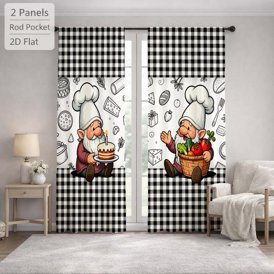 2Pcs Cartoon Style Chef Gnome Gingham Pattern Sun Blocking Curtains Digital Printed Rod Pocket, Window Treatment For Bedroom Office Kitchen Living Room Study Home Decor