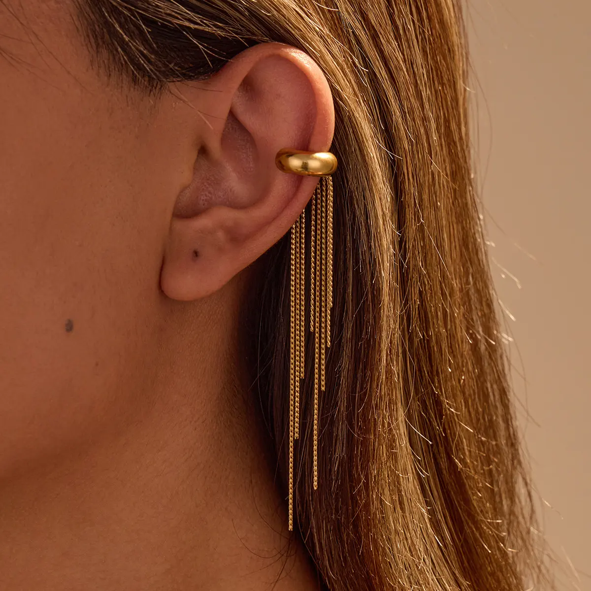 Gold-tone Non-Pierced Clip-On Ear Cuff, Copper Base with Long Tassel Chain, Fashion Costume Jewelry Accessory for Nightclub Parties, Ideal Gift, Nightclub Party