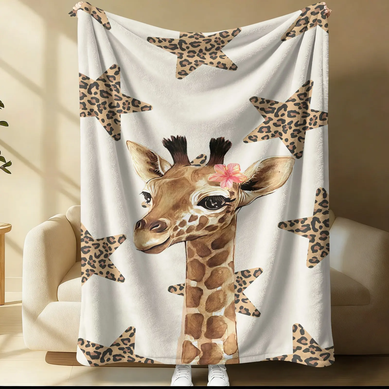 Giraffe Pattern Blanket, 1 Soft, Warm And Lightweight Single-Sided Printed Plush Blanket, Suitable For Bed, Sofa, Car, Room Decoration