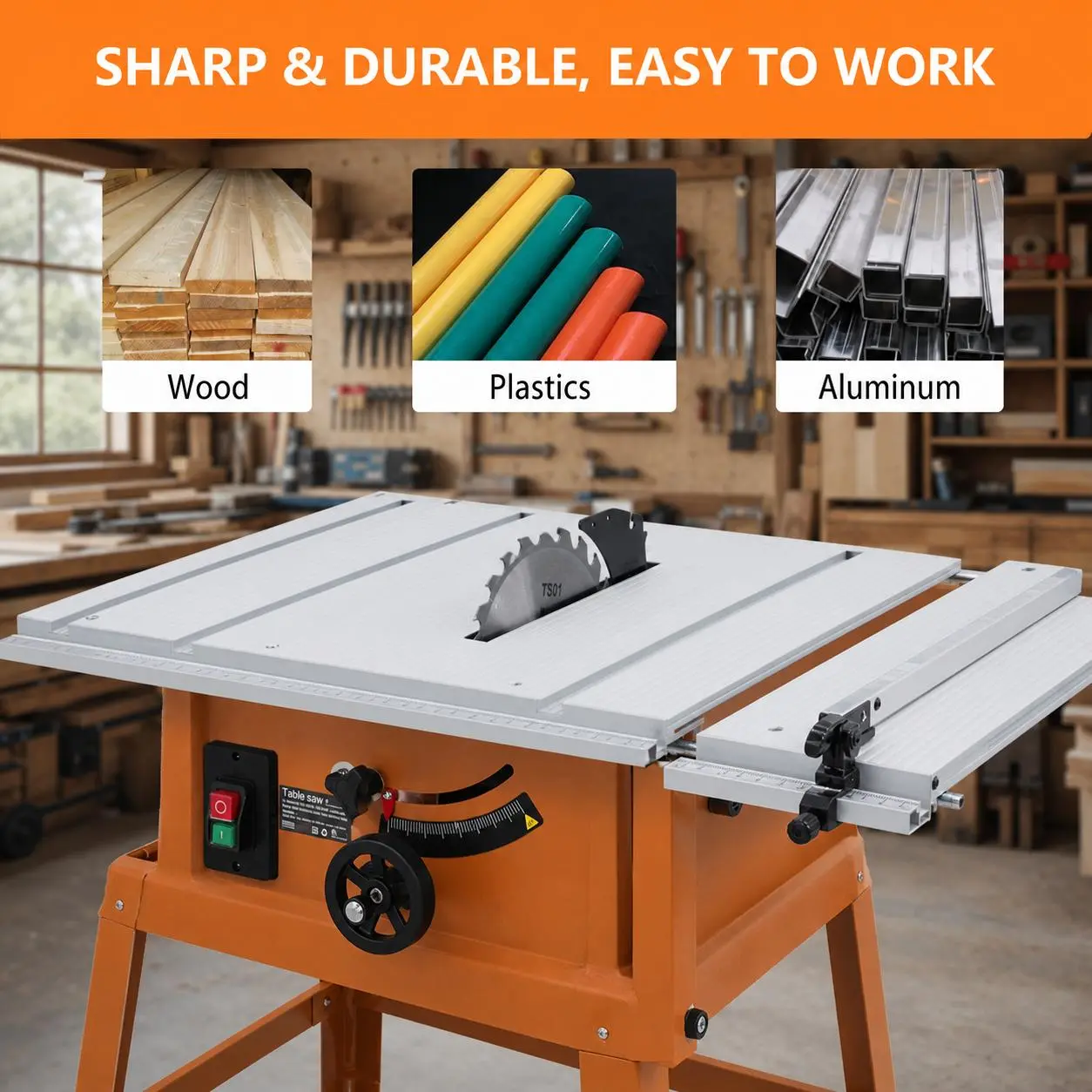 Powerful 10-Inch Table Saw with Stand – 15A 5000RPM Motor – Adjustable Blade Height – Versatile Cutting for Wood, Metal, Plastic – 90° Crosscut & 0-45° Bevel – powder Collector – Compact Benchtop Outdoor Tool