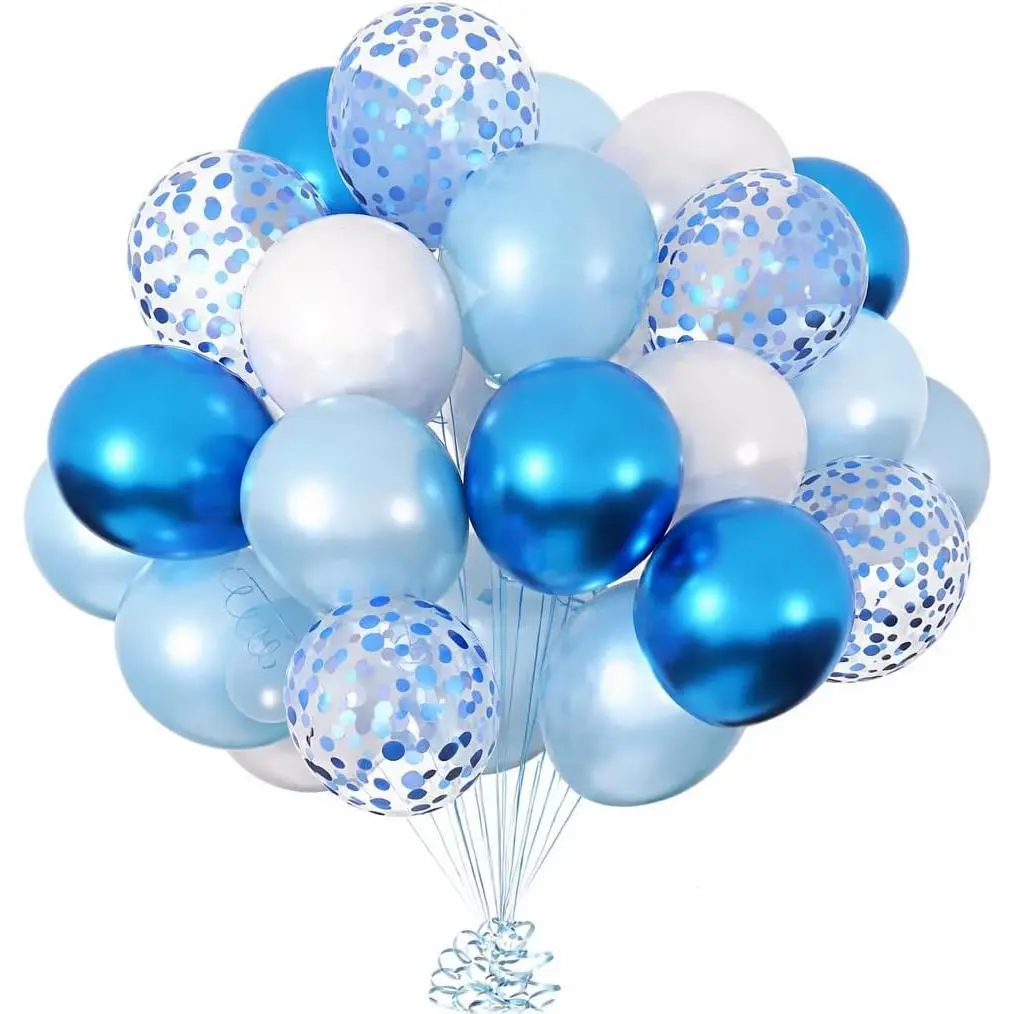 Metallic Photo Balloon Bouquet Set, 50-Pack Assorted Latex Balloons with 3 Ribbons, Blue-White-Confetti Mix for Party Decorations