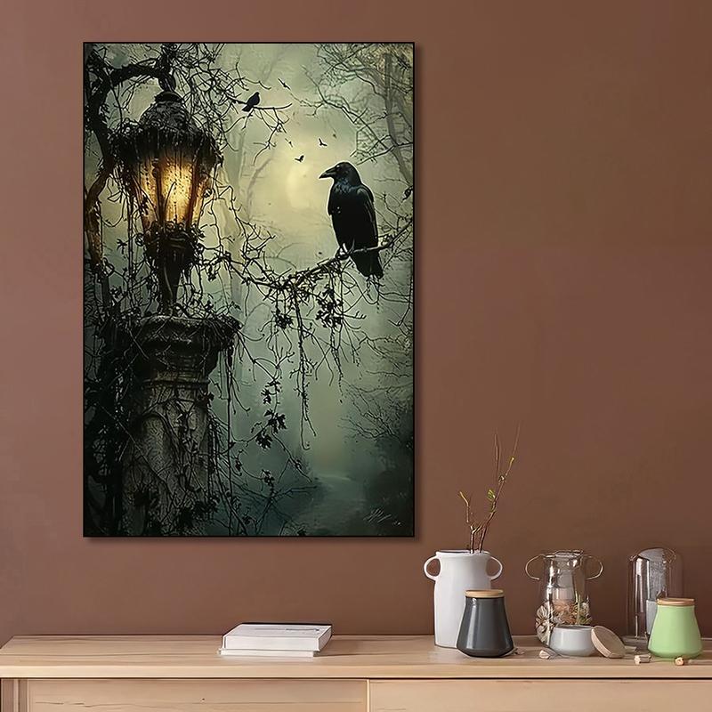 Mysterious 1pc Gothic Raven and Lantern Wall Art Canvas Print - Vivid Frameless Oil Painting Style Poster with Haunted Theme for Home, Office, Living Room, Bedroom Decor - Abstract Artwork with Rich Colors and Textured Finish Mysterious 1pc Gothic Raven and Lantern Wall Art Canvas Print - Vivid Frameless Oil Painting Style Poster with Haunted Theme for Home, Office, Living Room, Bedroom Decor - Abstract Artwork with Rich Colors and Textured Finish