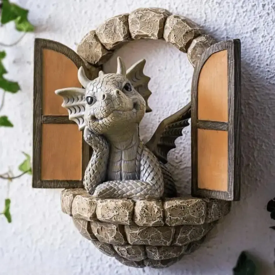 Dragon & Dinosaur Garden Statue – Window Climbing Outdoor Decor, Windproof Yard Ornament, Durable Material for All Seasons, Unique Home Decor Piece, Garden Decor, Climbing Form