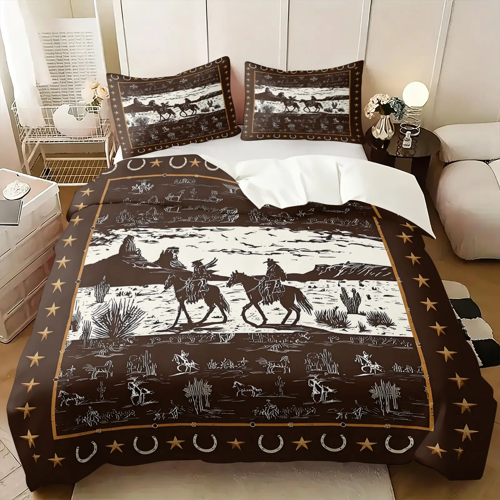Vintage Western Cowboy Desert Duvet Cover Set, 1 Duvet Cover & 1-2 Pillowcases No Filling, Soft Microfiber Bedding Set, Rustic Farmhouse Bedding Sets, Wild West Horse Riding Themed Bed Linens, Present Idea for Western Lovers, Comfy Bedding Set