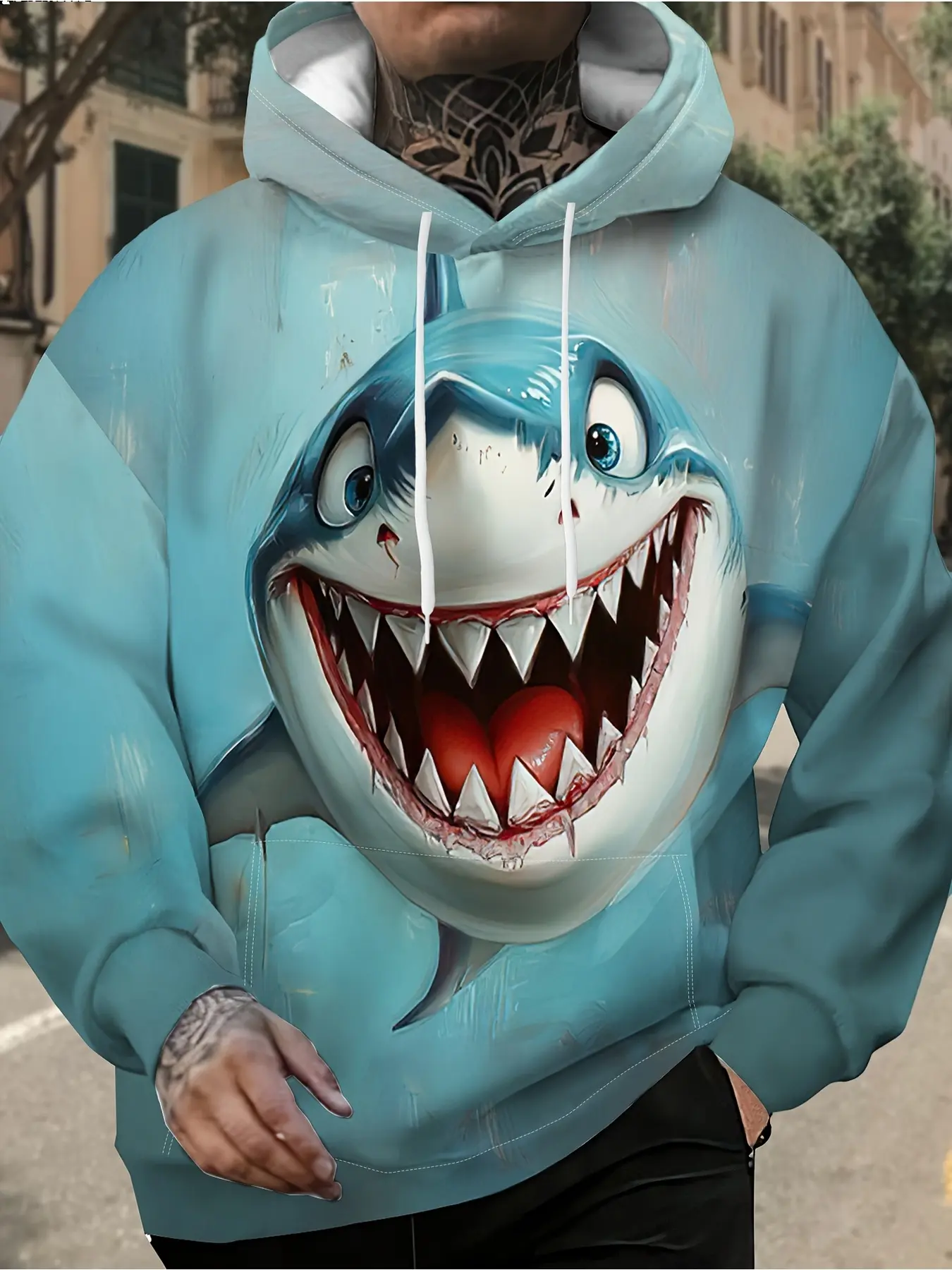 Men'S Hoodie With A 3D Enormous Shark Roaring Design, Showcasing Maximum Street Wildness And Trendiness, Featuring A Cartoon Shark With An Open Mouth In Light Blue Color,