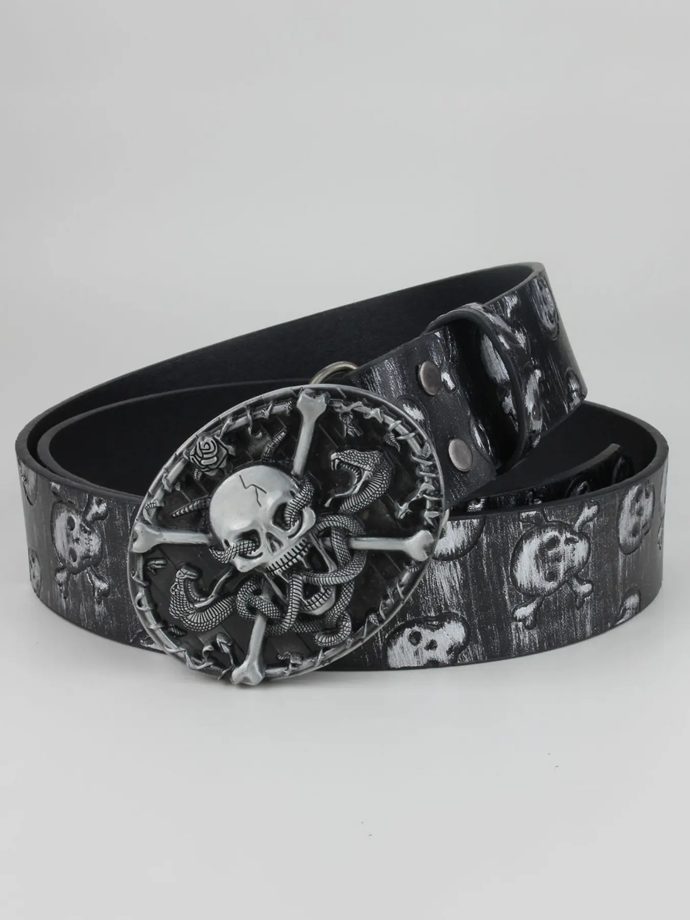 Unisex Gothic Skull Belt with Snake Buckle, Retro Silver Skull Spider Embossed Belt, Punk Rock Style Jeans Waistband, Punk Fashion Belt