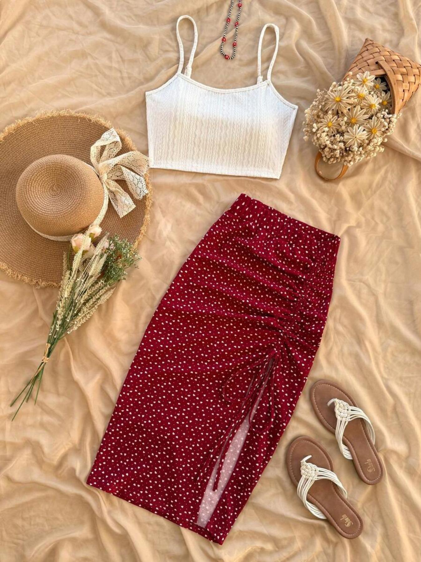 Women's Solid Color Crop Cami Top & All Over Heart Print Skirt Two-piece Set, Boho Sleeveless Spaghetti Strap Top & Skirt, Casual Summer Clothes for Ladies, Womenswear, Bohemian Casual Outfits Women Matching Sets