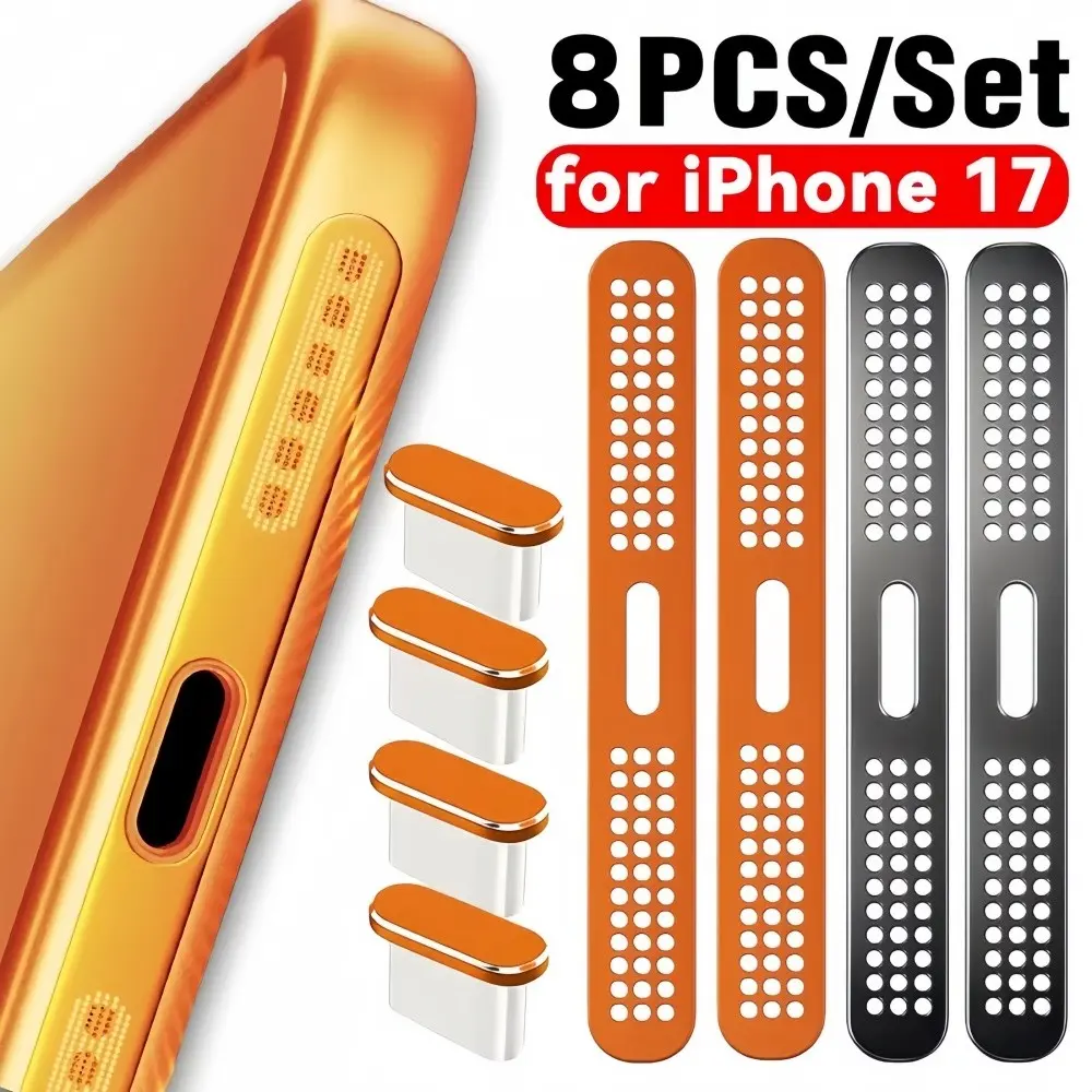 8pcs Metal Dust Plugs + Dust Filters Set for iPhone 17 Pro Max, Speaker Port Dust Cover, Type-C Charging Port Protector
