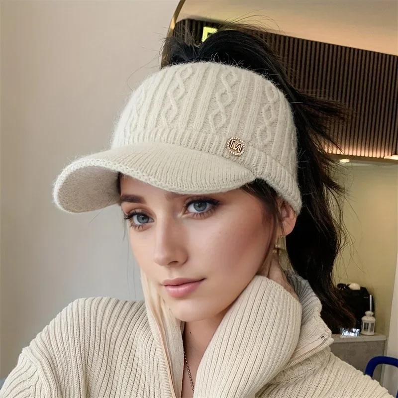 2025 Autumn and Winter Women's Warm Knitted Ponytail Sunshade Hat - Thick Warm Earcup Baseball Hat with Adjustable Shoulder Straps Quality Caps