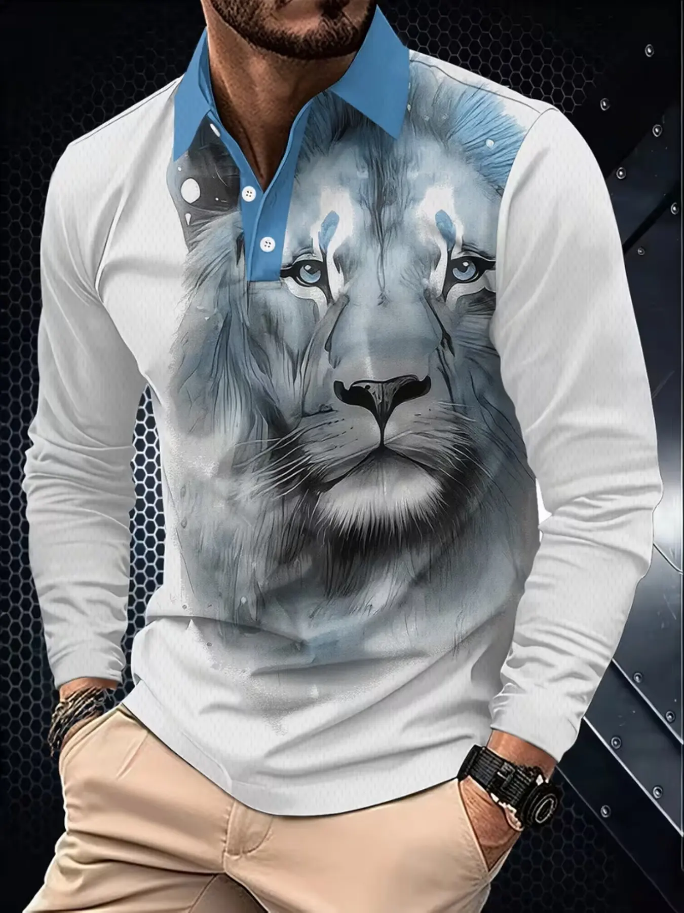 Men's Long Sleeve Polo Shirt, Lion Pattern Print, Casual Fashion Top, Turn-Down Collar, Loose-Fit, Winter Wear, Graphic Design