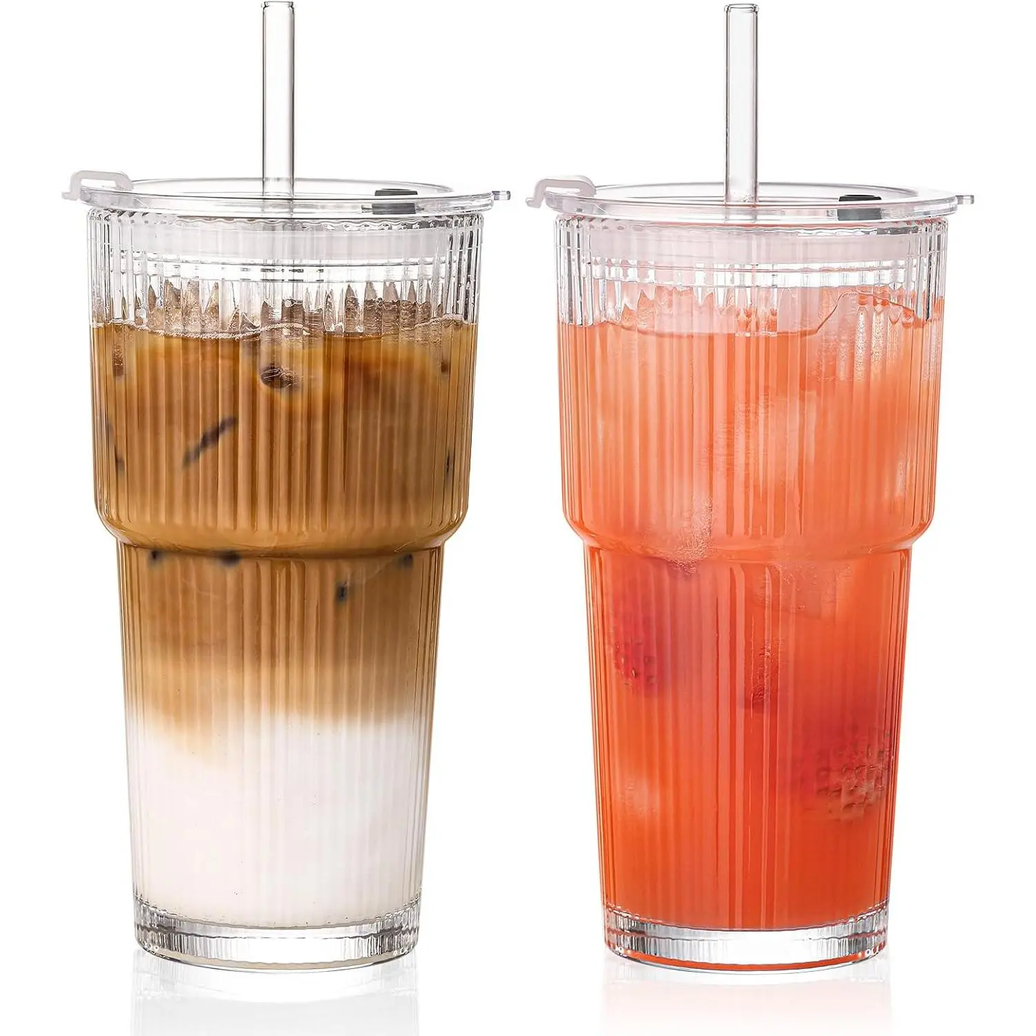 20oz Ribbed Glass Tumbler with Straw and Lid, Clear Iced Coffee Cups  Glassware, Glass Cups with  and Straws for Smoothie Water  Juice, Clear, 2 Pack