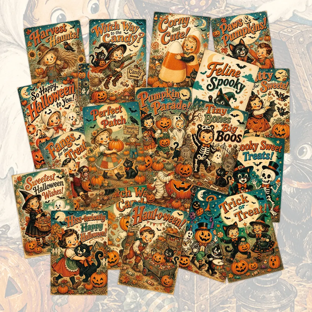 20 Pack Vintage Halloween Postcards, Featuring Pumpkins, Ghosts, Witches, Cats, Candy, Perfect for Party Invitations, Wall Decor, DIY Crafts, Gift Tags