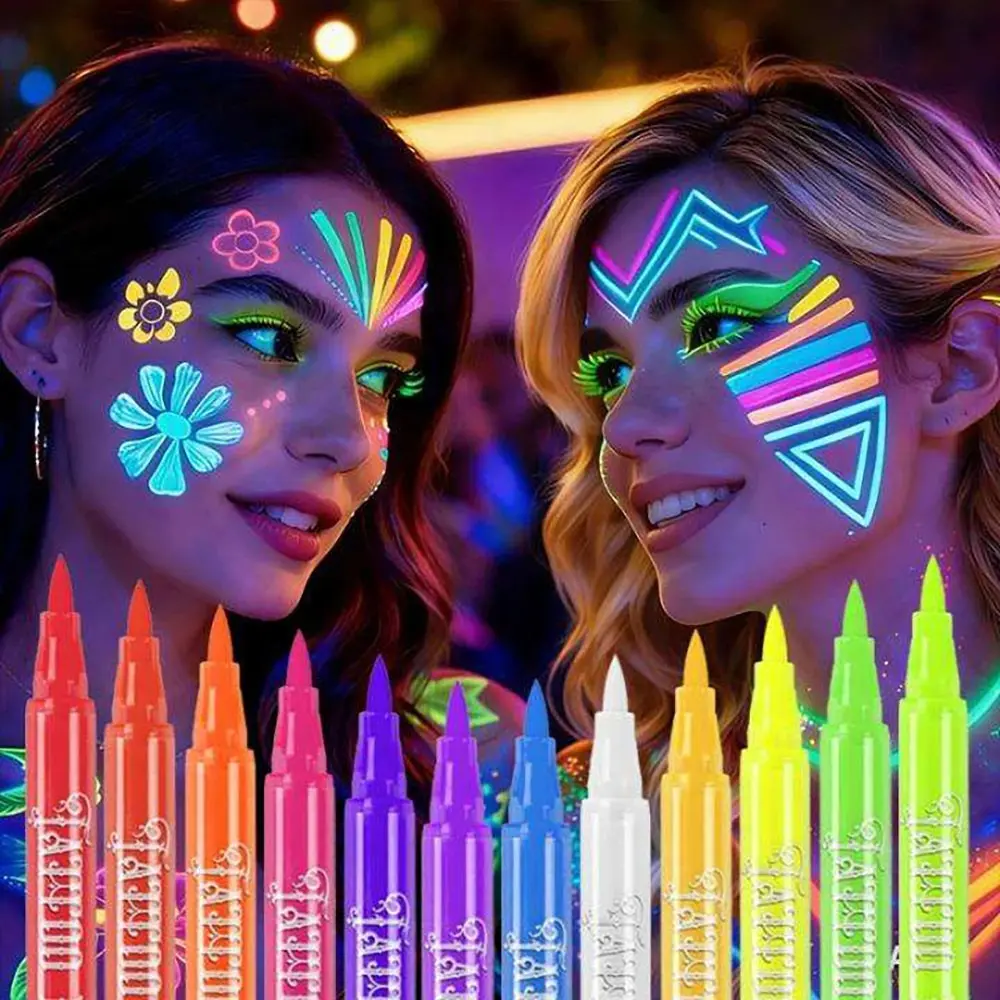 12pcs Fluorescent Temporary Tattoo Pens, UV Glow Body Art Markers, Body Paint Marker, Festival Party Supplies, Daily Use, Sports Event Accessories