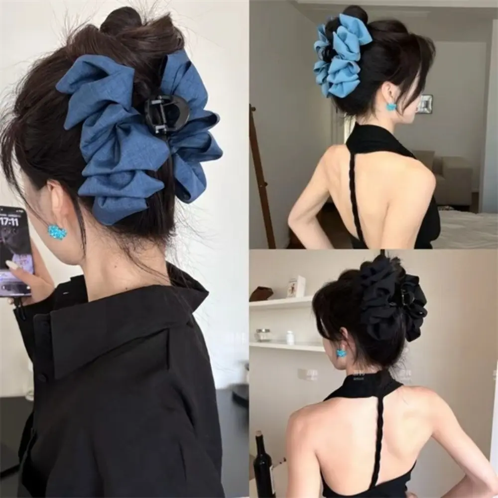 13cm Large Denim Bubble Shape Hair Claw - Ruffles Denim Clip, Sweet-Spicy Style Sun Protective Summer Accessory for Voluminous Back Hair (Sports & Outdoor Use), Denim Fabric