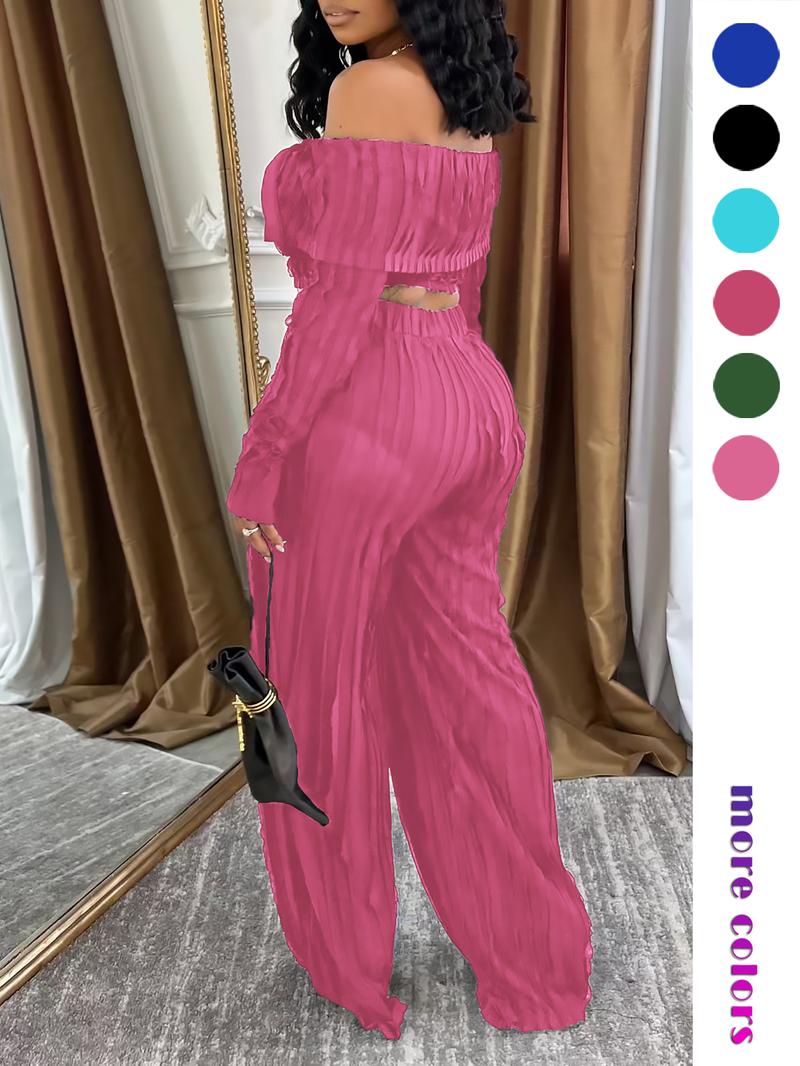 Lady 's Solid Off Shoulder Top & Wide Leg Pants Set, Elegant Loose Fashion Casual Two Piece Outfits for Daily Outdoor Wear, Casual Summer Set, Women Clothes for All Seasons, Womenswear