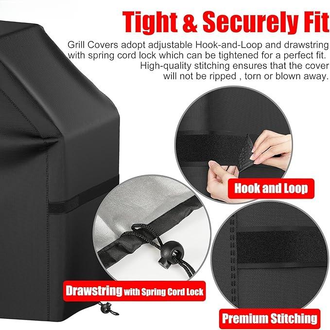 Grill Cover, 58 inch BBQ Gas Grill Cover for Outdoor Grill, Waterproof, Anti-UV, Rip-Proof, Fade Resistant Material, Barbecue Cover with Hook-and-Loop Straps & Adjustable Hem Drawstring, Black
