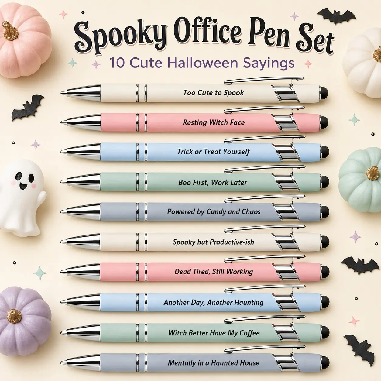 10pcs Pastel Halloween Funny Quote Ballpoint Pens, Cute Spooky Office Stationery Set, Ideal for Work, School, Journaling, Party Favors, Halloween Gifts
