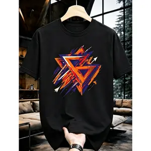Men's Size 3XL-5XL Cotton Oversized T-Shirt - Modern Abstract Geometric Crew Neck Tee with Black/White Base Suitable for Casual & Athletic Wear, Machine Washable Loose Fit Gift for Him, Year-Round Basic Wardrobe Essential, PLUS SIZE