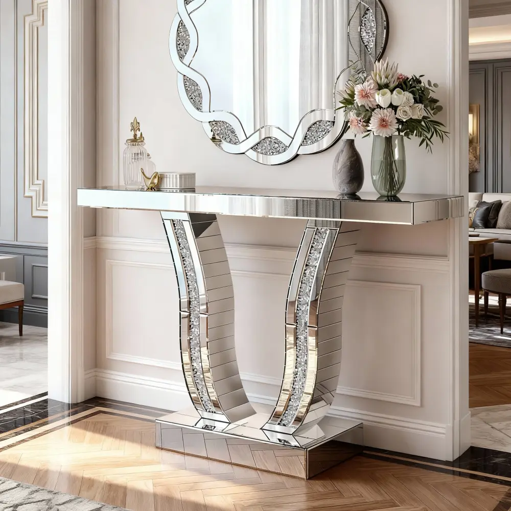 43" Modern Glam Mirrored Console Table - Silver Indoor Furniture with Curved Legs, Inlaid Stones, Mirror Top, Protective Pads for Living Room, Hallway