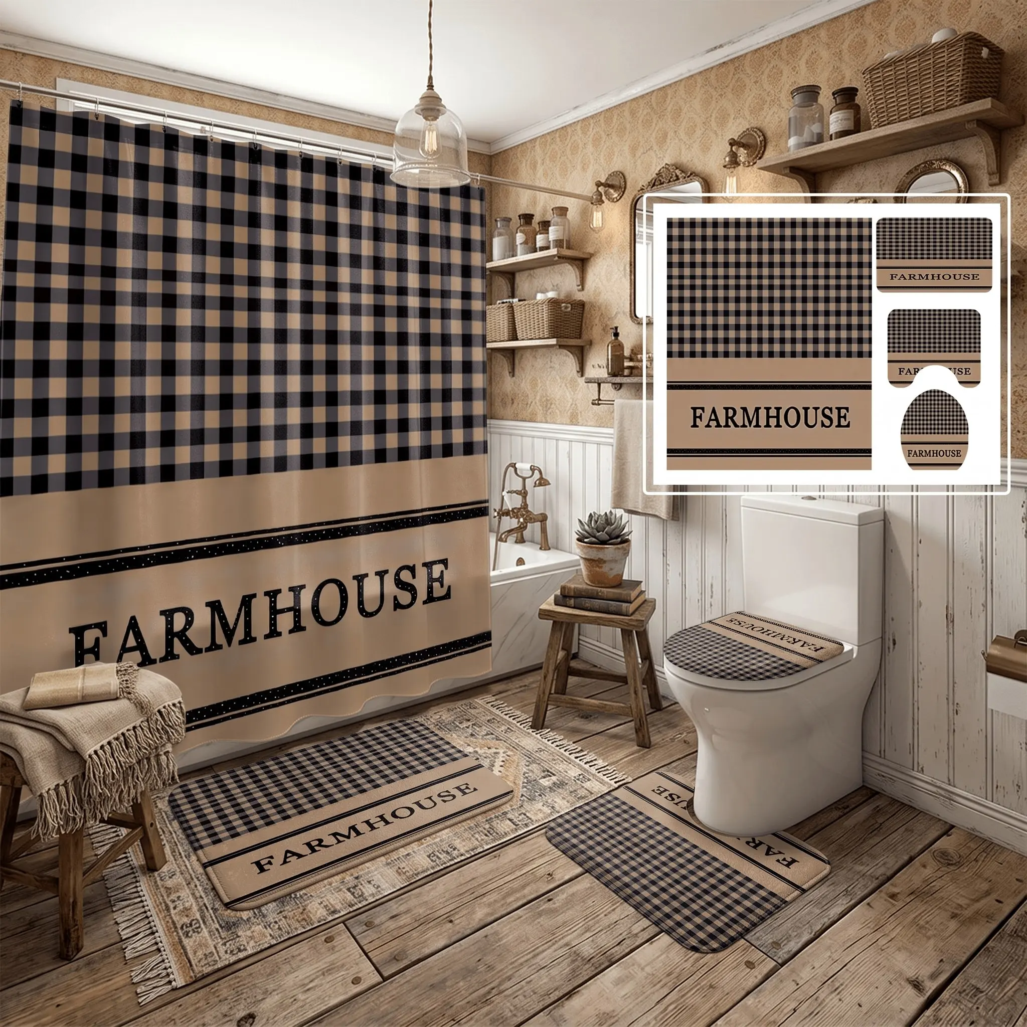 4pcs Rustic Farmhouse Buffalo Plaid Shower Curtain Set,The floor mat fabric is thicker and softer!  Classic Checked Fabric, Cozy Vintage Country Decor