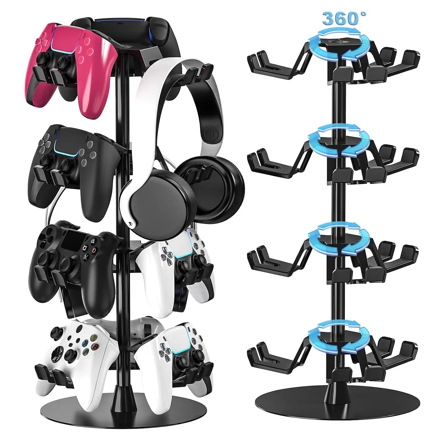 4-Tier 360° Rotating Game Controller Holder & Headset Stand for 12 Controllers, Aluminum Alloy Desktop Gaming Organizer, Gaming Console Accessory for P5/X Series/Switch