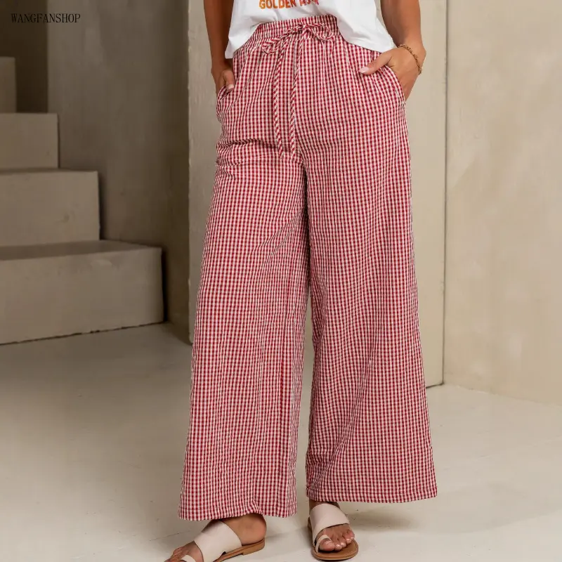 Viral Cozy Plaid Lounge Pants, Women Loose Straight Wide Leg Pajama Bottoms With Adjustable Drawstring Waist & Side Pockets, Breathable Spring Relaxed Fit Sleep Trousers, Chill At Home Staple for Indoor Dorm Night Sleep Outdoor Errands Casual Daily Outfit