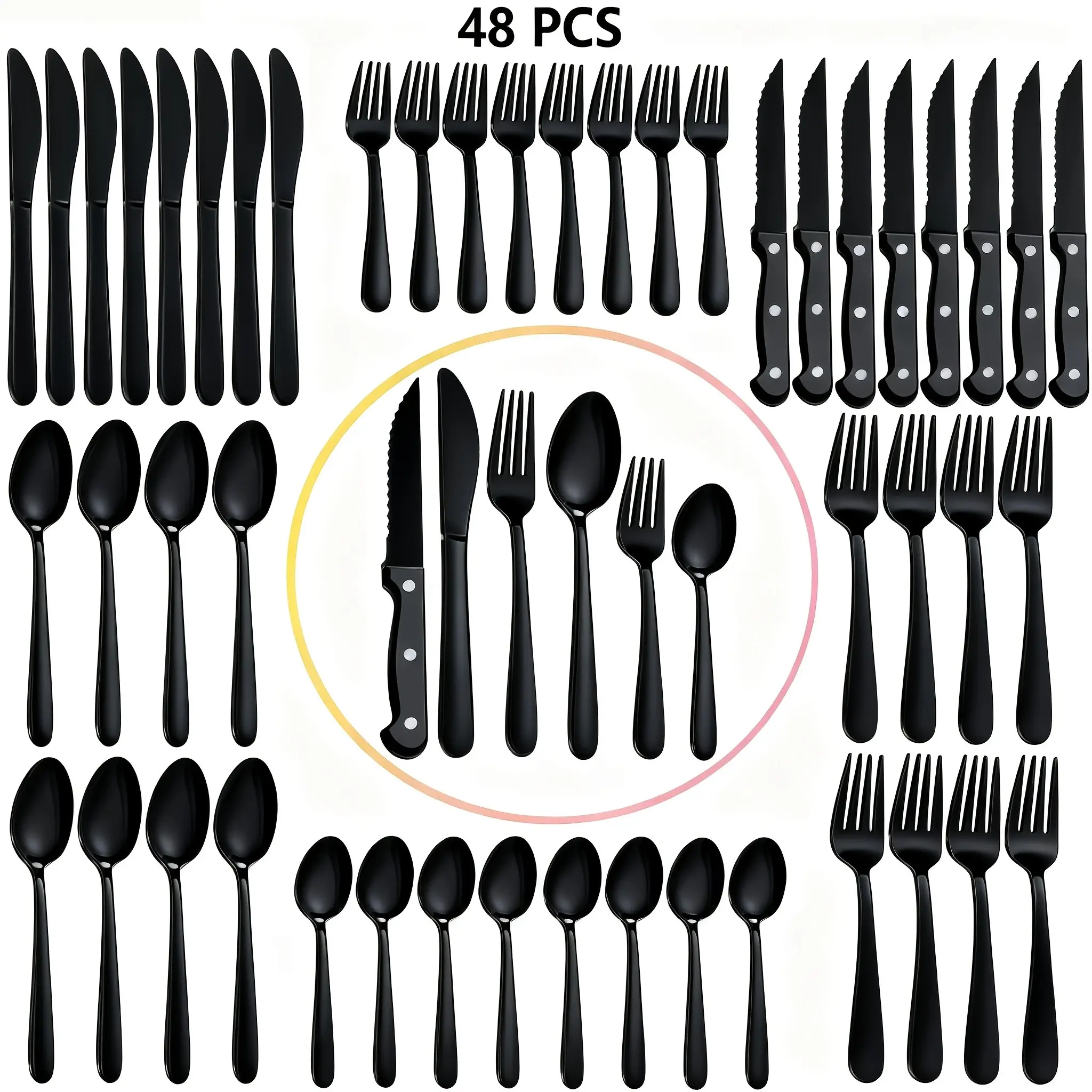 48pcs Set Of Black Stainless Steel Dinnerware, Smooth Cutting, Polished Finish, Suitable for Restaurants, Hotels, Homes, Outdoor Activities, Can Be Used In Dishwashers, Perfect As A Gift for Christmas Or Birthday Parties.