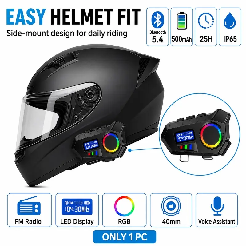 Wireless Motorcycle Helmet Speaker, Bluetooth 5.4 Helmet Headset with 500mAh Battery, 10m Range, One-Touch Voice Assistant and FM Radio