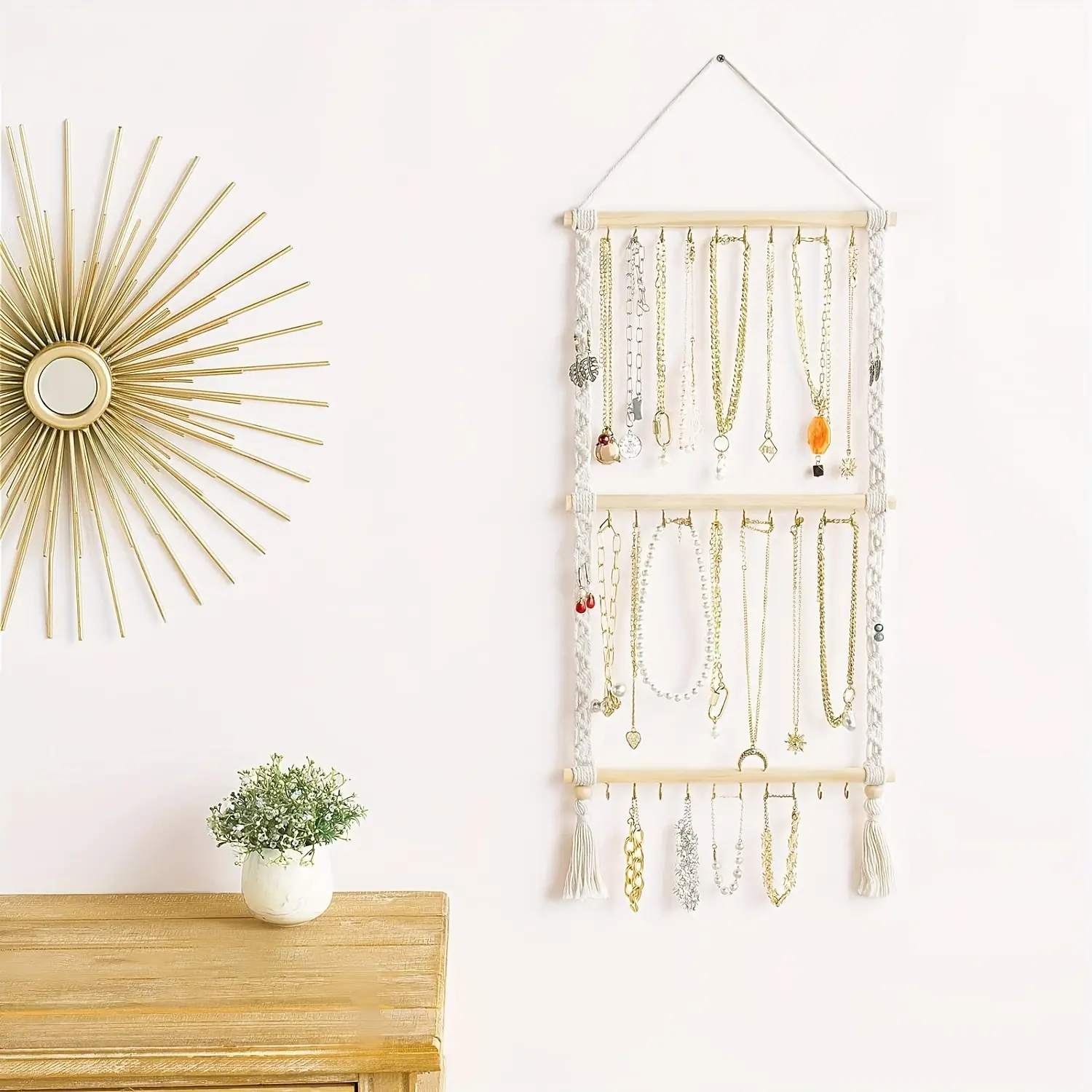[Bohemian Jewelry Organizer] 30-Hook Bohemian Hanging Jewelry Organizer with Braided Necklace Holder | Wall-Mounted Storage for Necklaces, Tassel Necklaces, Bracelets, Earrings, and Headbands with Bows