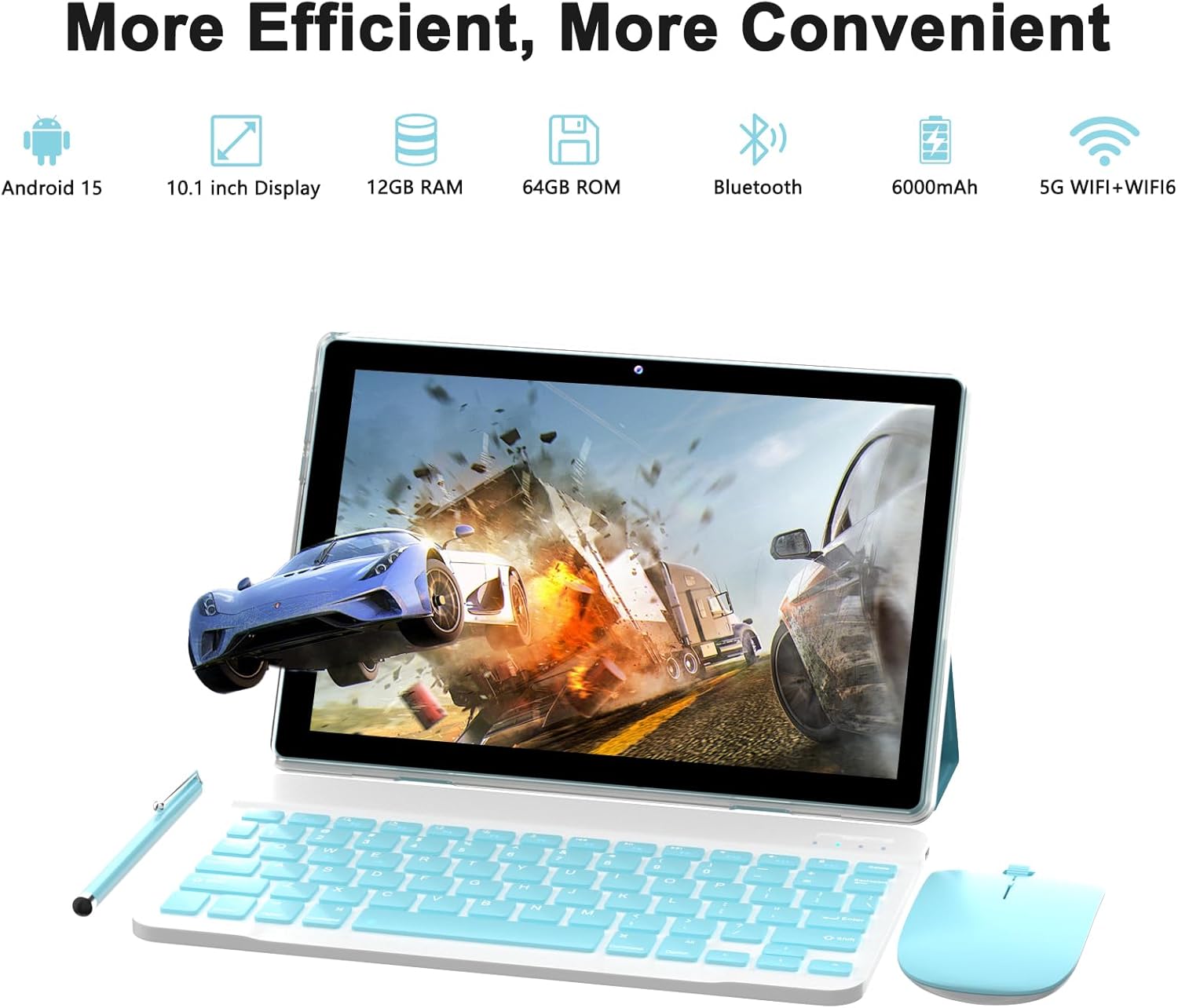 10 Inch Tablet Android 15 Tablets with Keyboard 64GB ROM+12GB RAM(4+8 expansion) Supports 1TB Expansion 2MP+8MP Dual Camera 6000mAh 5G WiFi-6 Tableta, 2 IN 1 Tablets with Mouse/Case/Stylus/ Keyboard