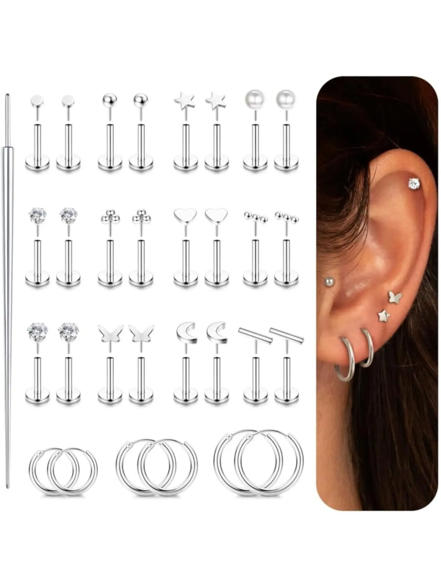 Small Flat Back Push in Stud Earrings for Women Men,14K Gold Plated Surgical Stainless Steel Threadless Earring,Flatback Stud Hoop Cartilage Earring Set