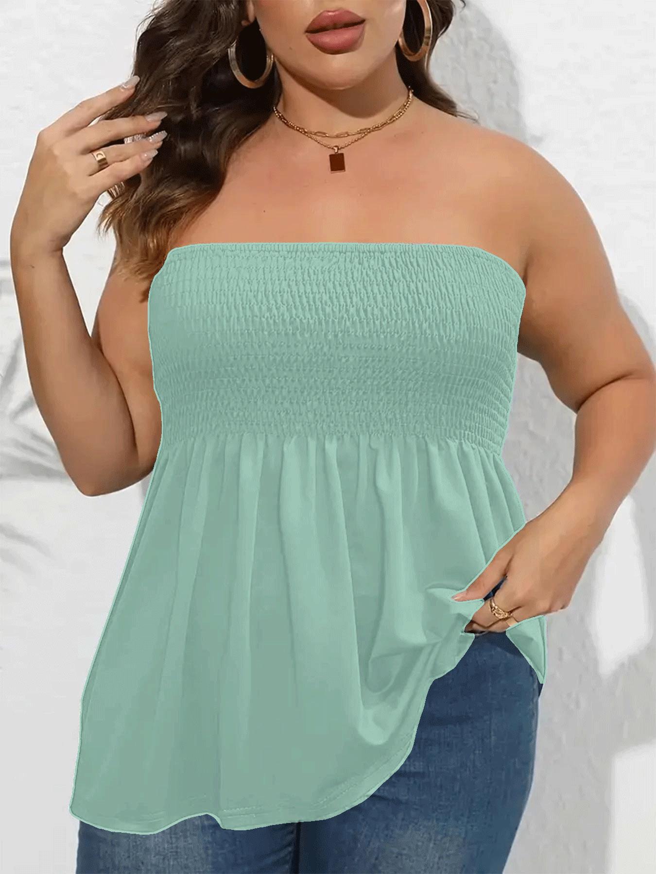 Plus Size Solid Ruffle Hem Shirred Tube Top, Boho Fashion Chic Style Tops, Lady Strapless Top, Womenswear, Casual Sleeveless Strapless Black Top Plus Size Solid Ruffle Hem Shirred Tube Top, Boho Fashion Chic Style Tops, Lady Strapless Top, Womenswear, Casual Sleeveless Strapless Black Top