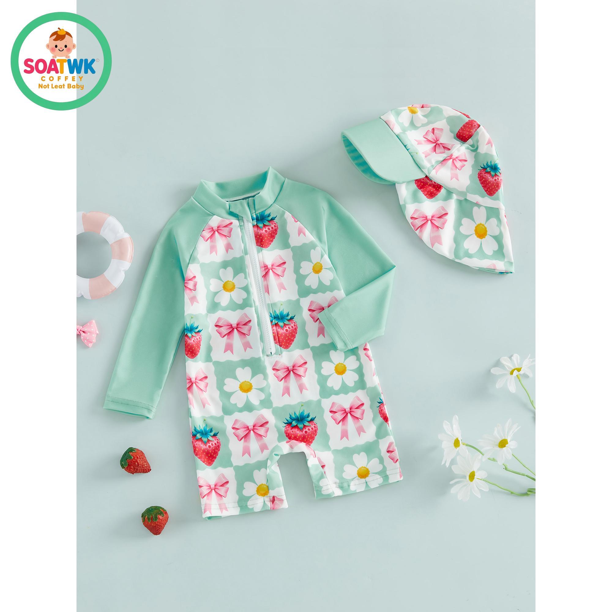 Kids Girl Rash Guard Swimsuits Strawberry Bow Floral Print Long Sleeves Swimwear and Swim Cap for Toddler