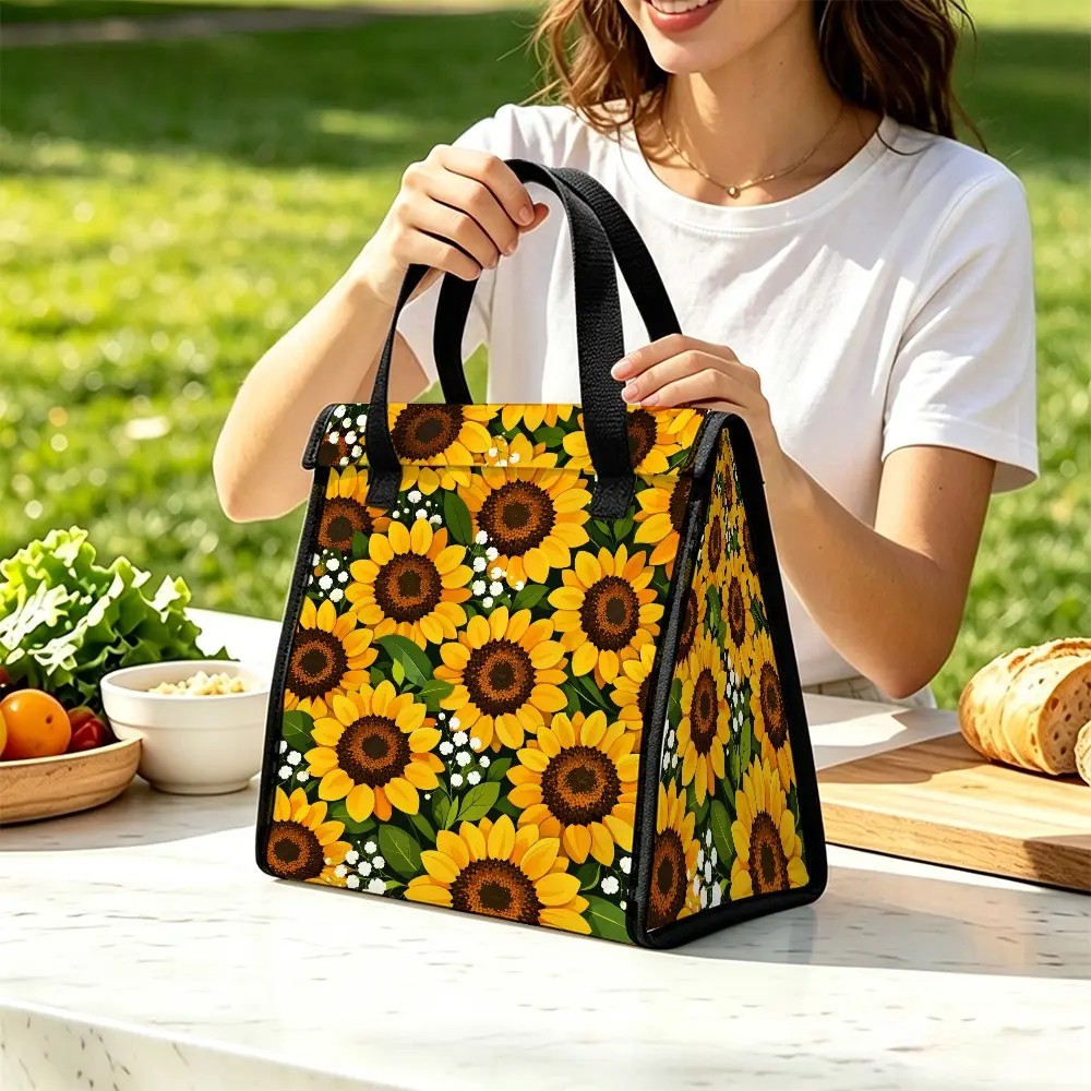 Sunflower Floral Pattern Insulated Picnic Bag, Portable Thermal Handbag, Reusable, Two Sizes Available, Ideal for Commute, School, Outdoor Camping