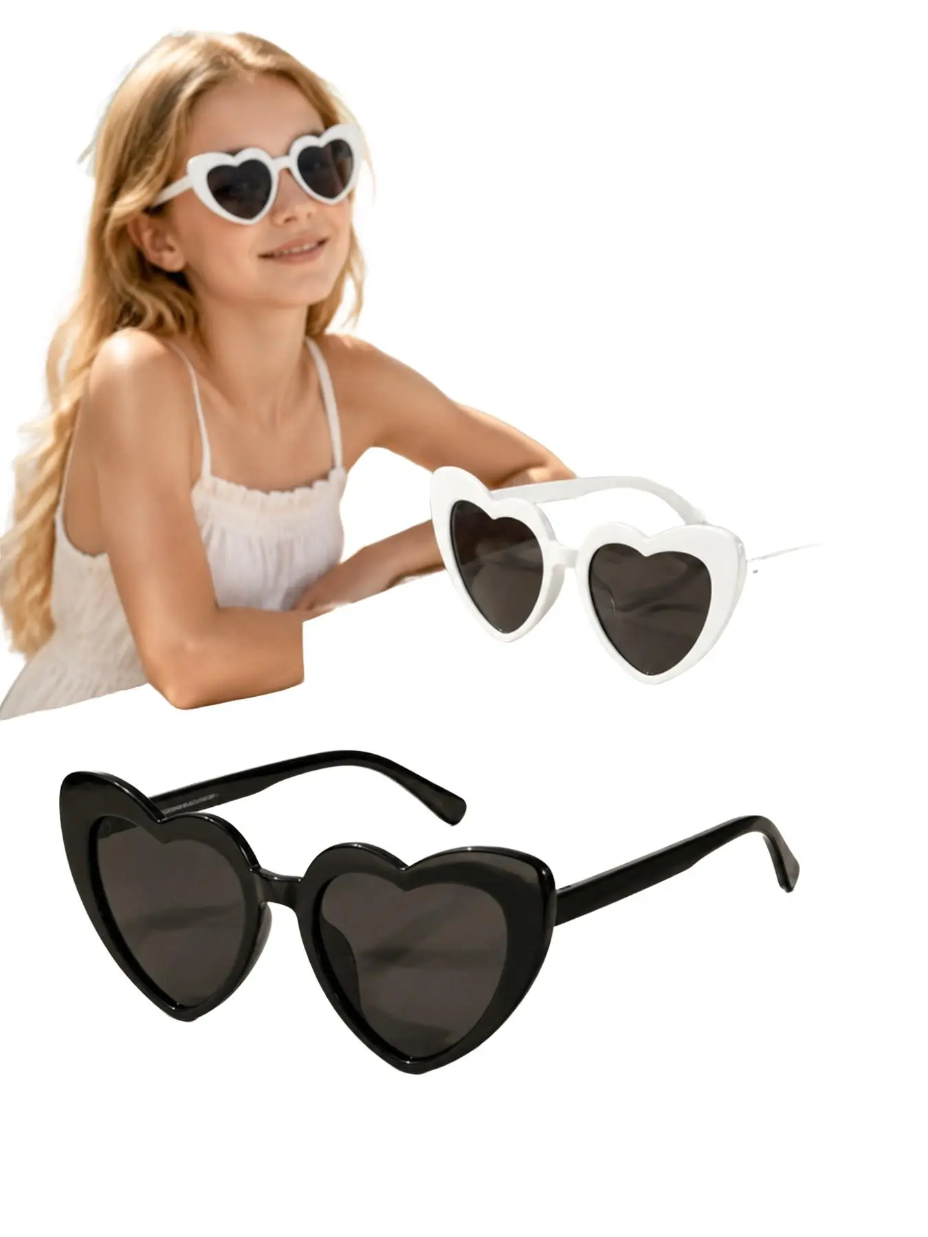 2Pcs Heart Shaped Trendy Casual Sunglasses Set, Black & White Retro Love Heart Shades, Aesthetic Party & Beach Eyewear for Women